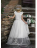 Beaded White Lace Tulle Flower Girl Dress Communion Dress